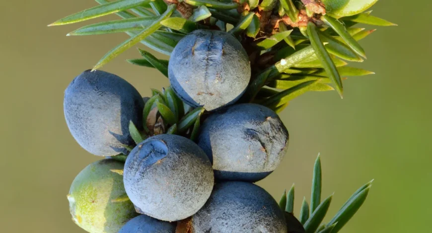 Ripe blue-black juniper berries and green unripe cones on a common juniper branch